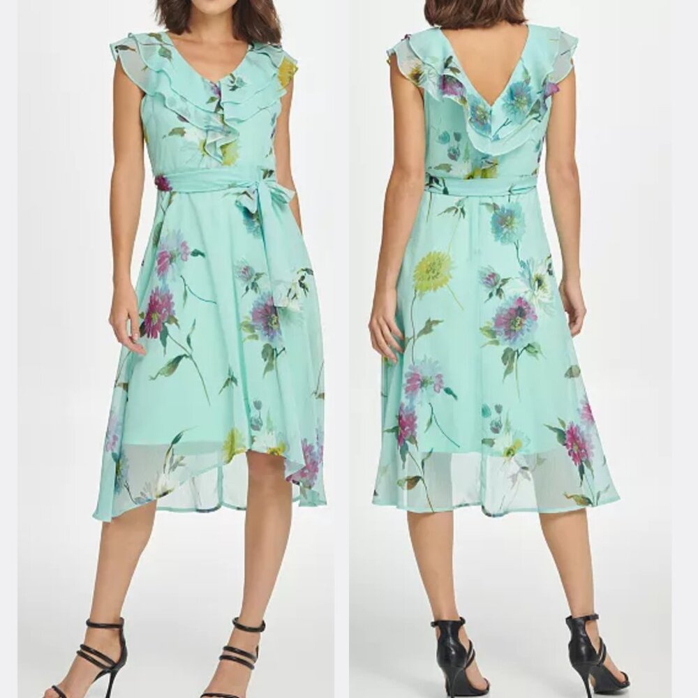 DKNY Midi Dress Ruffled V-Neck Lined Size 2 Mint Green Zipper Figure Flattering‎